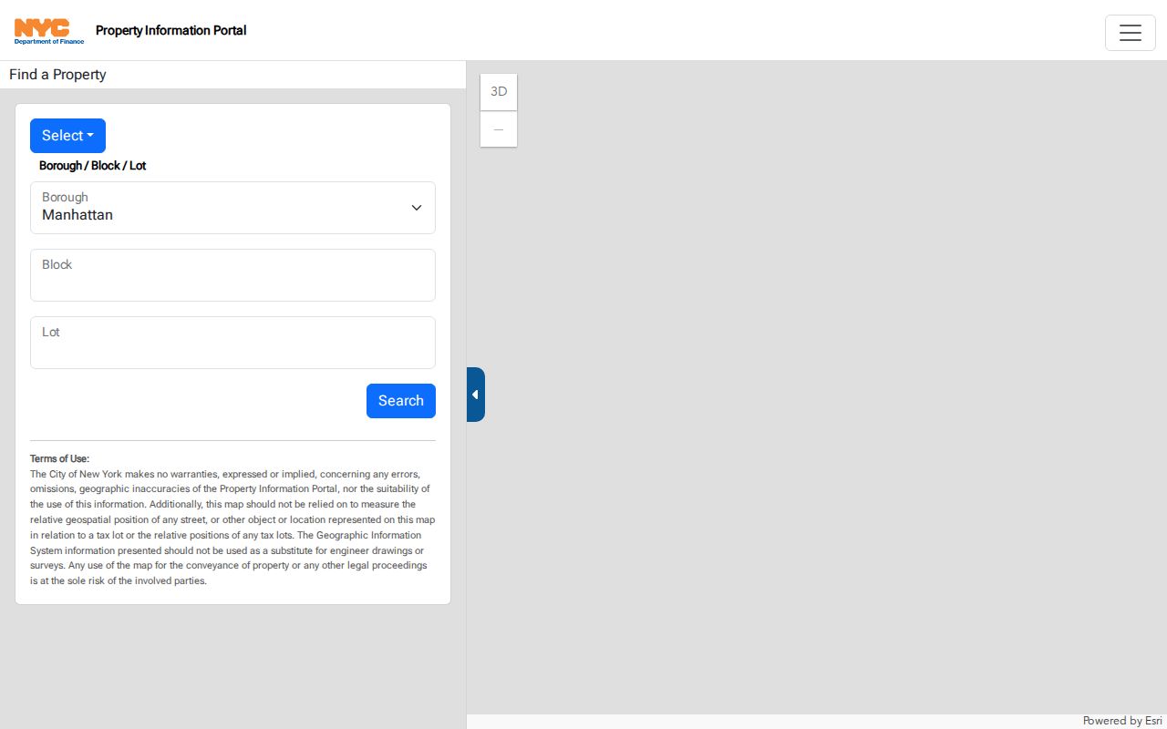 NYC Department of Finance Property Information Portal search choices for Manhattan property research