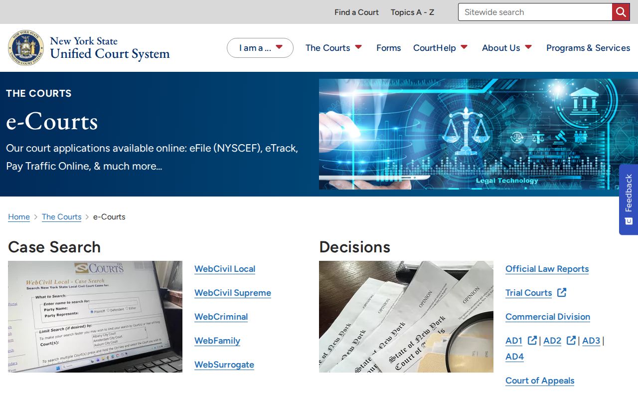 New York eCourts hub displaying links to WebCivil WebCriminal WebFamily and eTrack