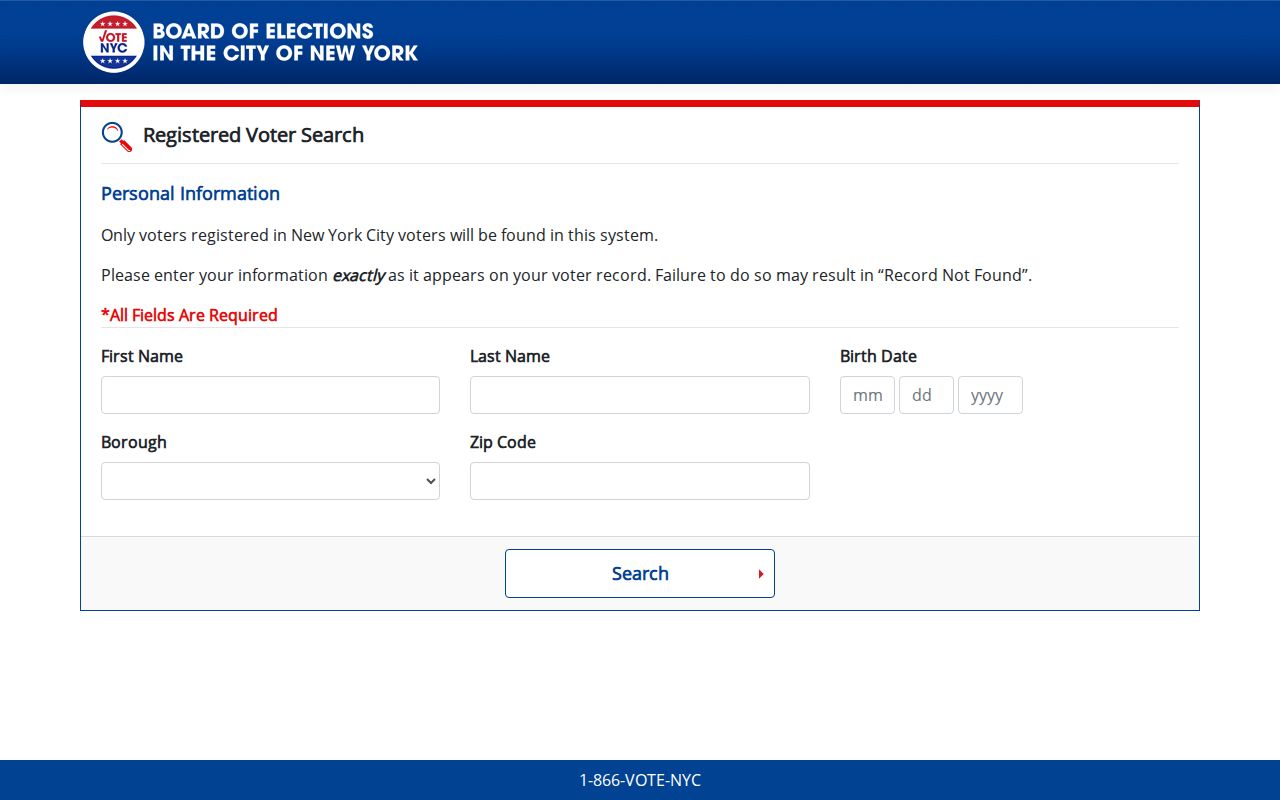 NYC Registered Voter Search form with name birth date borough and ZIP Code fields